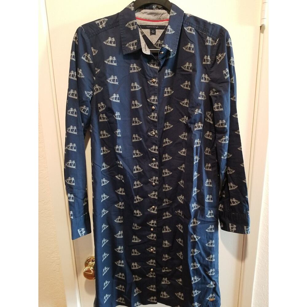 Tommy Hilfiger Shirt Dress Women's Medium Navy Sail‎ Boats Ships Nautical Print